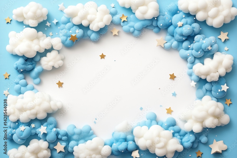 Poster bright and whimsical cloud decorations with stars create a playful background for celebrations and e