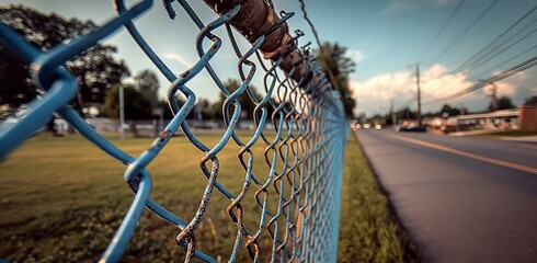Close-Up View of Blue Chain-Link Fence with Bokeh Background of Road and Grass &ndash; Urban Boundary and Security Concept