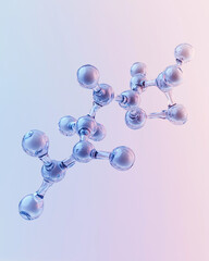 Metallic model of interatomic linkage of a chemical bond on gradient purple pink background with copy space. Minimal creative concept of chemistry, atoms, molecules, electrons, protons, neutrons.