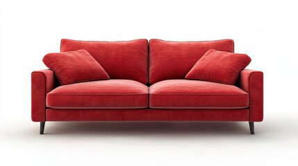 Fototapeta premium Stylish two-seater red corduroy sofa with matching cushions on white...