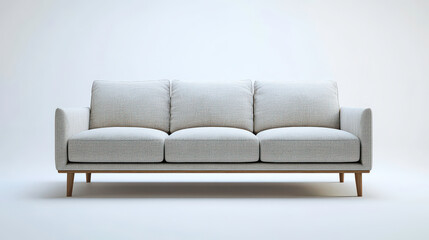 Fototapeta premium Elegant three-seater light gray fabric sofa with wooden frame on white...