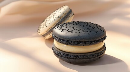 a refined dessert of black sesame macaron