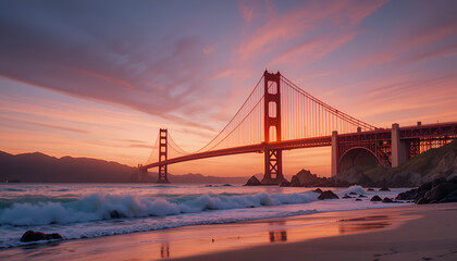 Golden Gate Bridge at Sunset with Gentle Waves and a Painted Sky