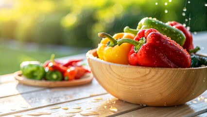 Capsicums in bowl with water drop on table in Natural Background, Capsicum in wooden bowl