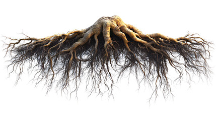 Exposed tree root system with intricate branching pattern isolated on white background detailed veins and texture