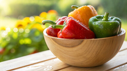 Fresh Capsicums in wooden bowl with water drop on white surface in garden Bright Natural Background