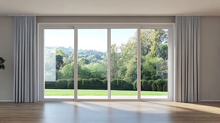 Fototapeta premium Spacious, modern interior with expansive patio doors showcasing a verdant landscape.