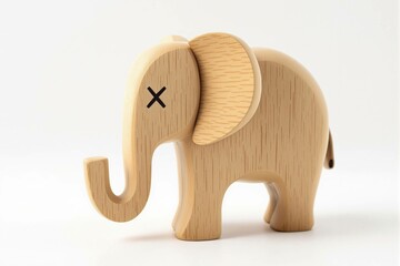 Jouet, Éléphant en bois stylisé avec un œil en forme de “X”, au design minimaliste et moderne.