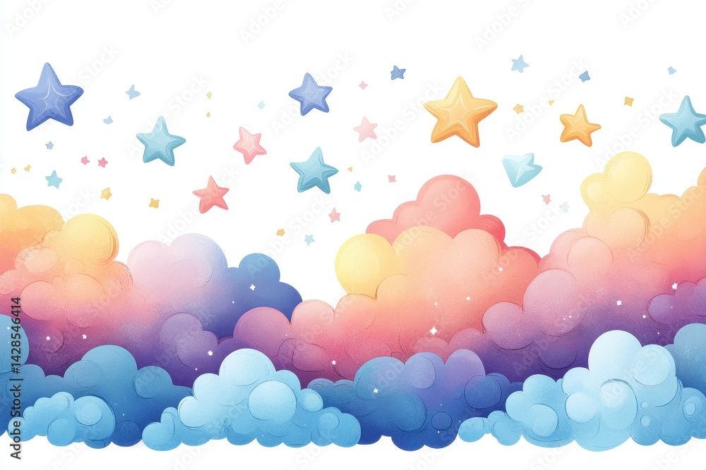 Poster bright and whimsical cloud decorations with stars create a playful background for celebrations and e
