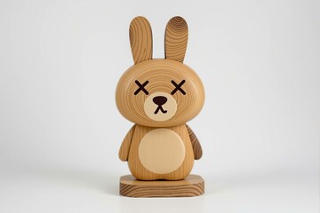 Jouet, Lapin en bois stylisé avec un œil en forme de “X”, au design minimaliste et moderne.