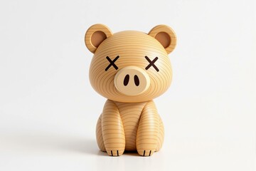 Jouet, cochon en bois stylisé avec un œil en forme de “X”, au design minimaliste et moderne.