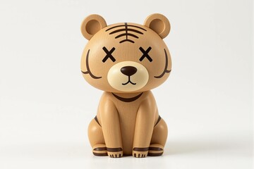 Jouet, tigre en bois stylisé avec un œil en forme de “X”, au design minimaliste et moderne.