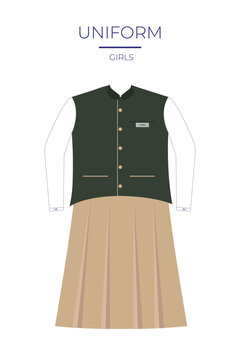 Illustration Design of Girls' School Uniform with Dark Green Waistcoat, Beige Pleated Skirt, and White Long-Sleeve Shirt