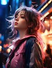 Naklejka premium Portrait of a young woman with pink hair in a jacket looking up at city lights at night time scene