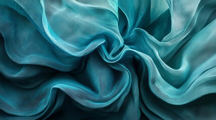 Obraz premium Elegant Teal Silk Fabric Texture Swirling Draped Soft Blue Green Abstract Background Design Textile Material Wave Pattern Smooth Shiny Luxury Fashion Apparel Design Element art fold flow dress style 