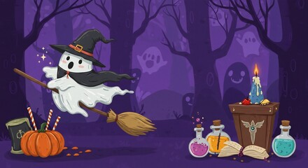 Fototapeta premium Cute Ghost Witch Flying on Broom in Spooky Purple Forest