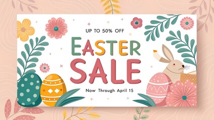 Easter Sale banner with colorful cartoon eggs. Vector holiday design template for coupon, banner,gift voucher or promotional poster.Background with a big sale up to fifty percent off,special offer.