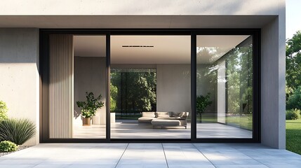 Obraz premium Modern house exterior showcasing expansive glass sliding doors.