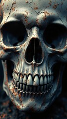 A close-up view of a weathered skull, featuring intricate details and a dark, textured surface, evoking a sense of mystery and the macabre
