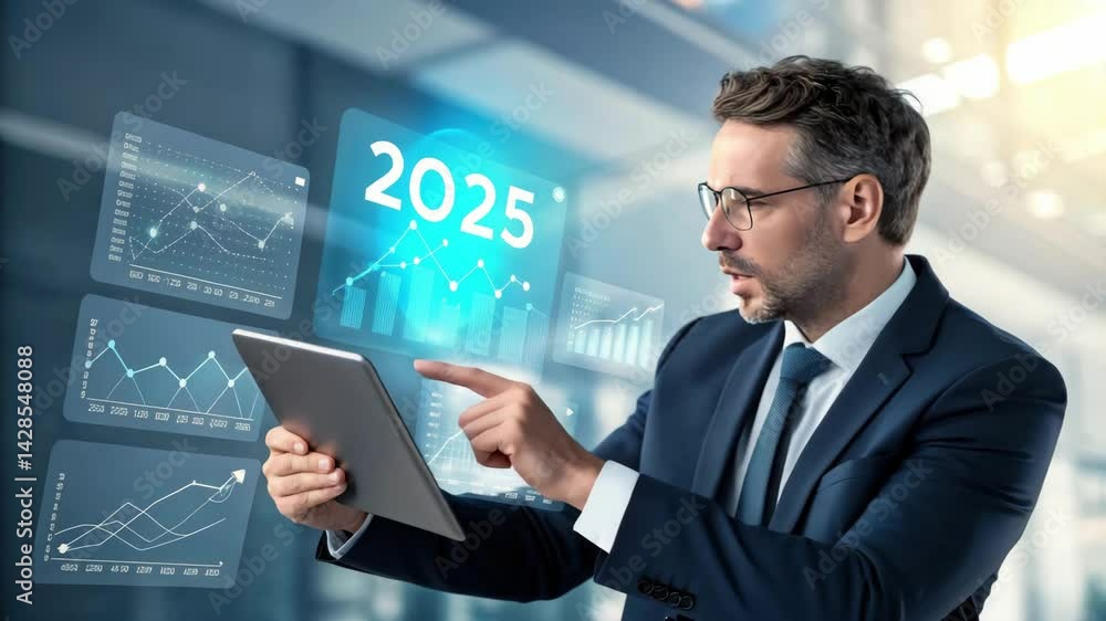 Poster businessman using tablet for data analysis of trends and projections in 2025