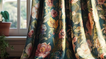 Textured floral curtain fabric displays a profusion of blooms.