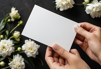 Obraz premium a person's hands hold a blank white card surrounded by delicate white lisianthus flowers on a dark surface.