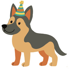 Cute cartoon German Shepherd dog wearing a colorful striped party hat. Ideal for children’s birthday designs, pet celebration products, greeting cards, or playful branding.