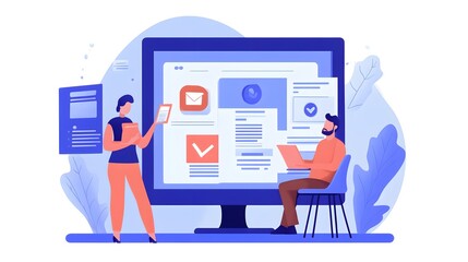 Teamwork on a Project: A man and a woman collaborate on a project using a large computer screen displaying various documents and digital tools.