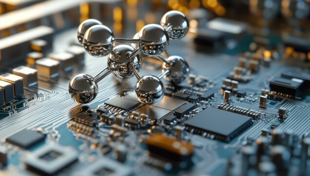 Molecule model rests on a computer circuit board close up view.