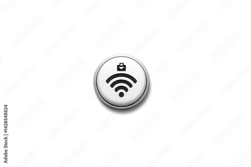 Poster a round button featuring a wireless signal icon, symbolizing connectivity, often associated with tec