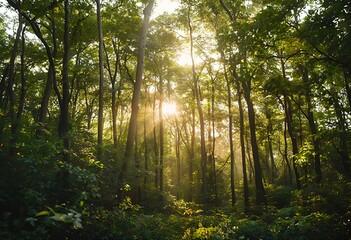Obraz premium sunlight streams through a dense, lush forest of tall trees creating a dappled light effect on the forest floor.