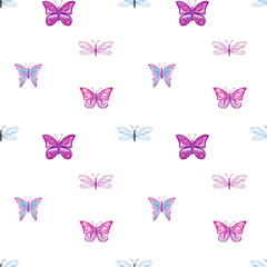 Seamless butterfly pattern with watercolor wings and floral elements, in pink and violet tones, perfect for textile and spring decorative design
