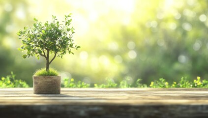 Small tree in pot on table with blurred green background and sunlight.