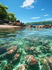 Obraz premium A scenic view of a rocky beach with clear turquoise water and a forest in the background on a sunny day