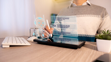 Modern Executive Using AI Tablet: Businessman Chatting with Bot in Office