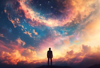 Fototapeta premium a lone figure stands silhouetted against a vibrant and swirling galactic sky filled with colorful nebulae and countless stars.