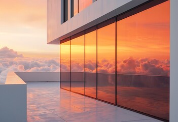 a modern architectural exterior reflects a vibrant orange and pink sunset over a sea of clouds.