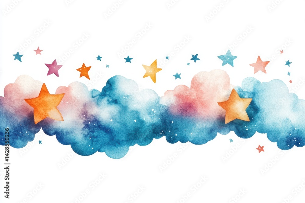 Poster bright and whimsical cloud decorations with stars create a playful background for celebrations and e