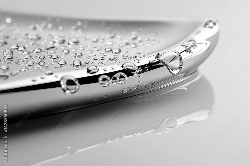 Poster Close-up view of water droplets on a shiny metallic surface under soft lighting highlighting texture and reflections