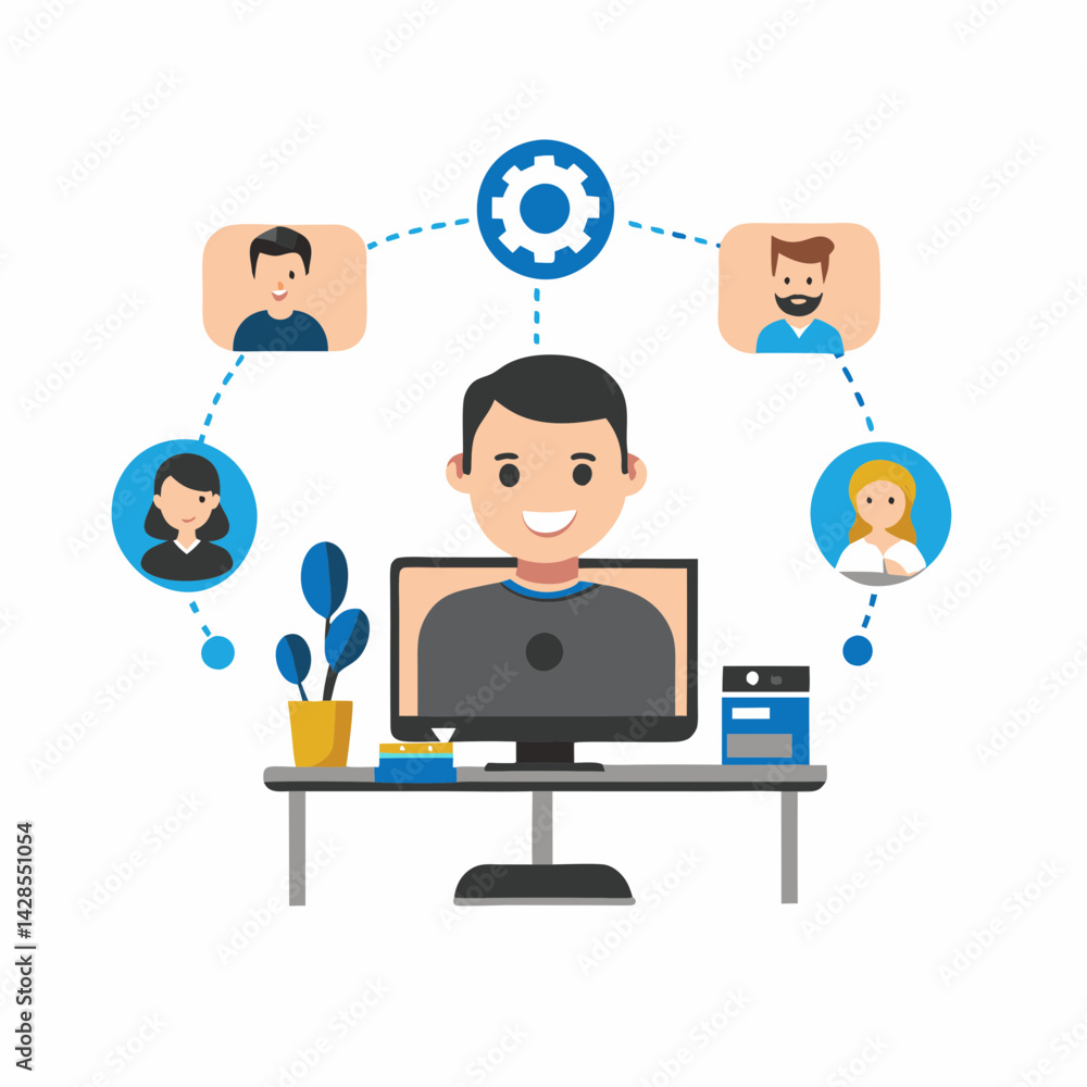 Aufkleber smiling man working at a computer with team connection icons and copy space
