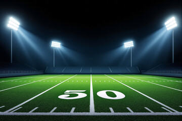 American football stadium field at night with bright lights, realistic graphic style, dark background, concept of sport event preparation. Ai generative
