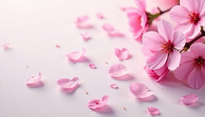 Obraz premium Delicate pink sakura blossoms, scattered petals on soft background, pink, romantic