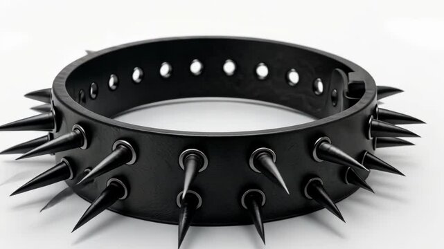 A black leather collar with metal spikes on a white background