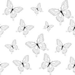 Swallowtail butterflies, silhouettes, line art. Seamless decorative pattern on transparent background.