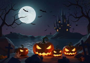 Fototapeta premium Halloween Night Scene with Jack-o'-Lanterns and Haunted Castle