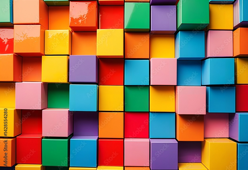 Poster a vibrant and colorful wall is constructed from numerous stacked cubic blocks in a multitude of brig