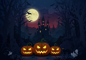 Fototapeta premium Halloween Night Scene with Spooky Castle and Jack-o'-lanterns