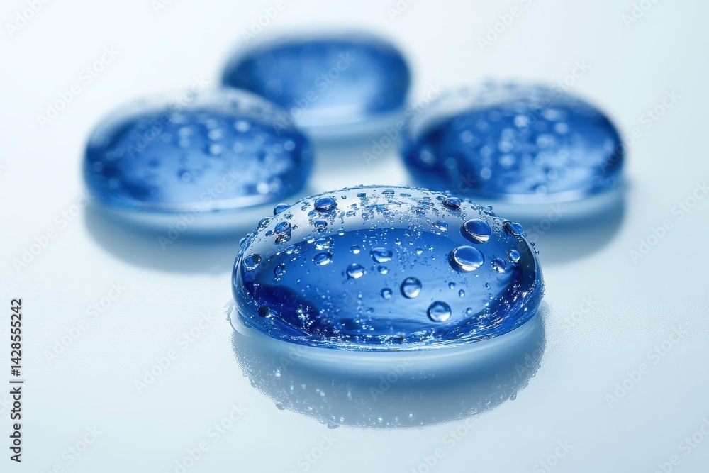 Poster Close-up view of water droplets on a shiny metallic surface under soft lighting highlighting texture and reflections