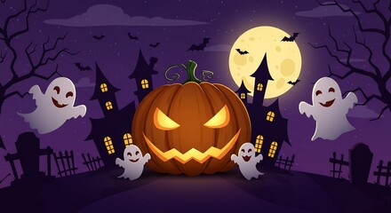 Fototapeta premium Halloween Night with Jack O'Lantern and Ghosts