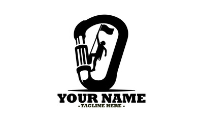 Obraz premium illustration depicting a determined climber ascending a rope to plant a flag at the peak, enclosed within a sturdy carabiner. Simple vector icon of a carabiner logo design illustration